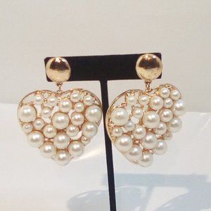Retro Pearl & Gold Heart Earrings